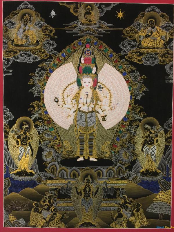 Black And Gold Original Hand Painted 1000 Armed Avalokiteshvara Tibetan Thangka | Bodhisattva Guanyin Chenrezig | Wall Décor Painting